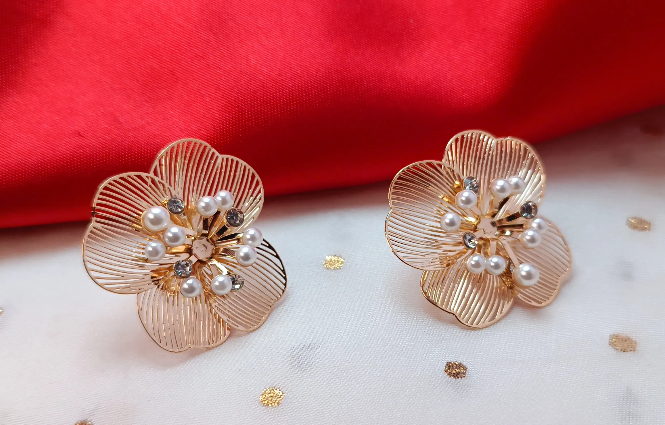 Gold-Plated Filigree Floral Studs with Pearl Accents